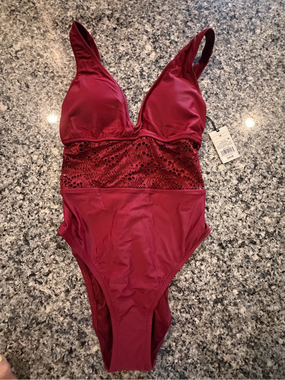 Shade & Shore Women's Crochet Lace Inset One-piece swimsuit-Size M-Burgundy
